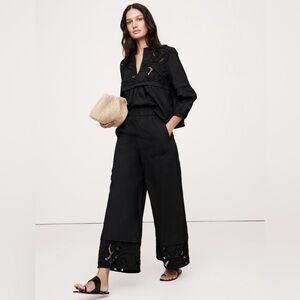 NWT! BR High-Rise Wide-Leg Embroidered Cotton Poplin Cropped Pull-On Pant